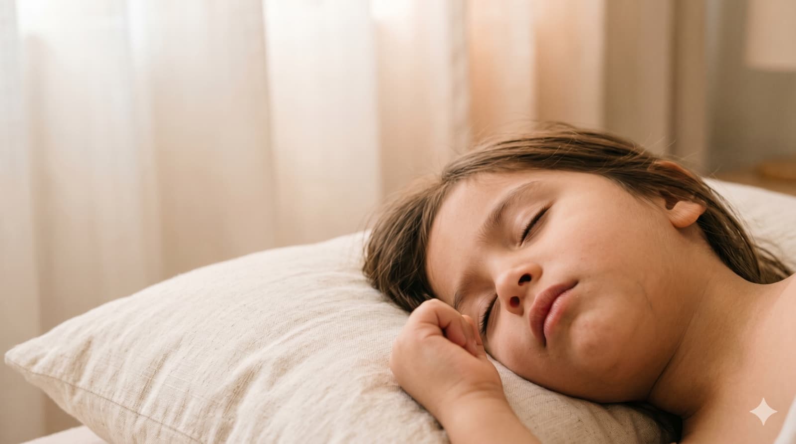 Un niño dormido con tensión sutil en la mandíbula, boca firmemente cerrada, un pequeño puño cerca de la cara: los signos típicos observables del bruxismo nocturno