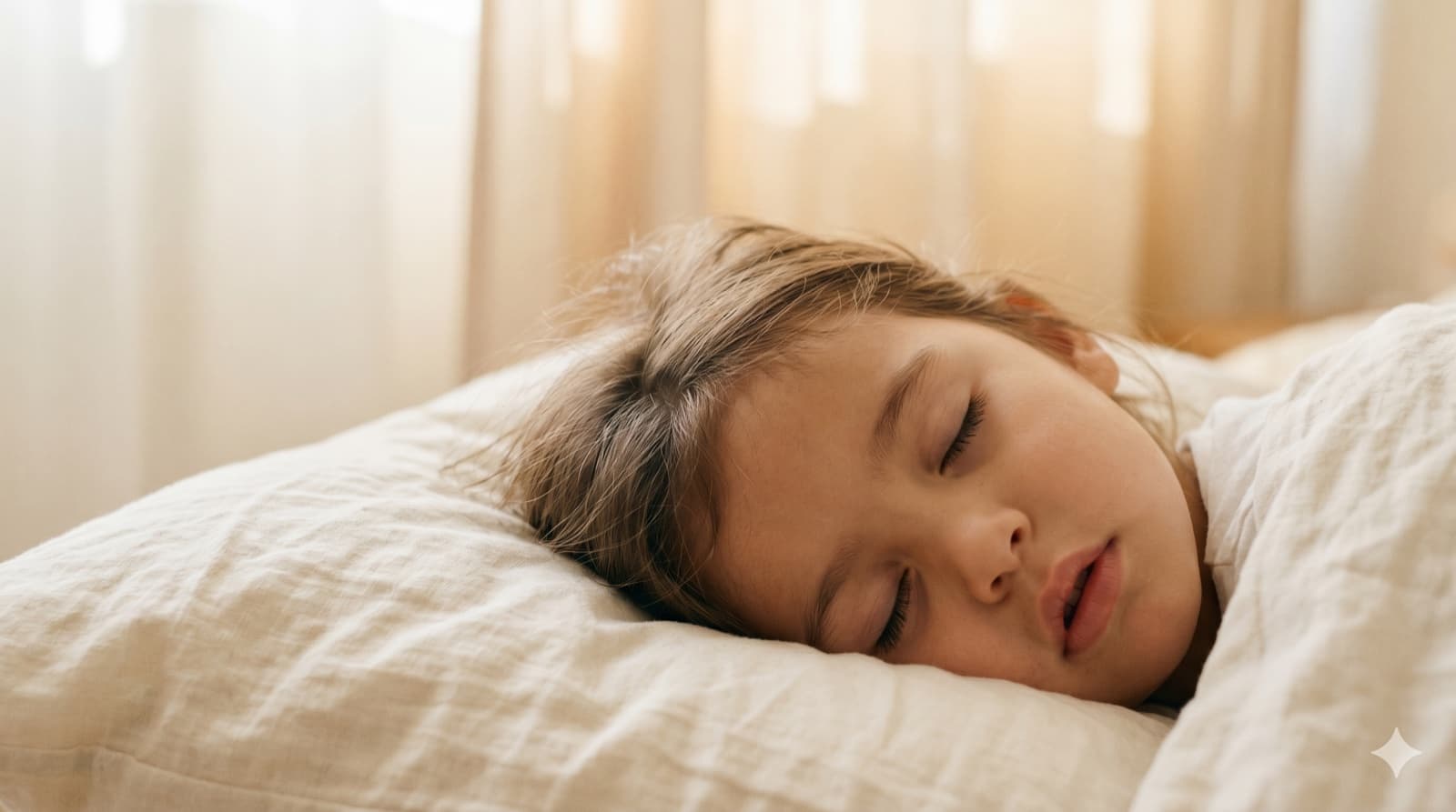 Un niño dormido en luz suave de la mañana, con la boca entreabierta: el patrón típico de la respiración bucal habitual